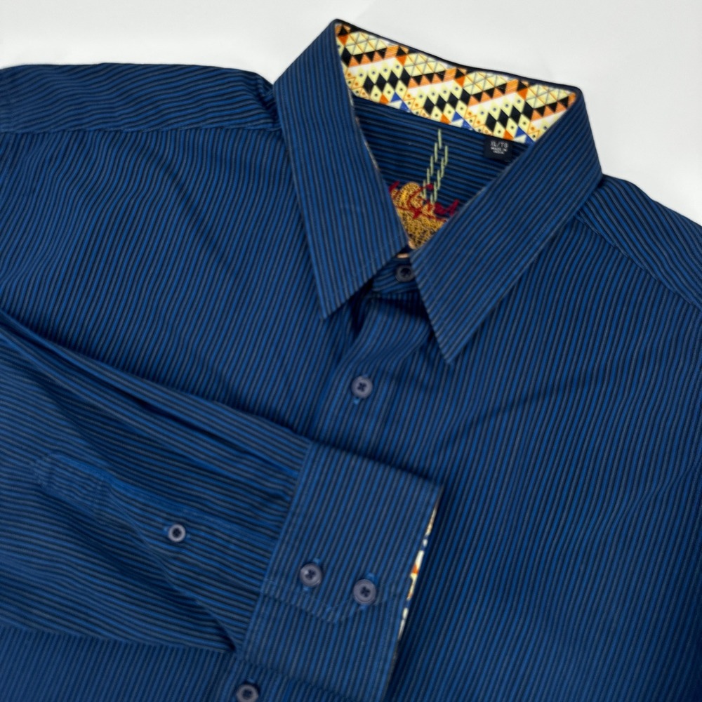 Robert Graham Mens XL Long Sleeve Striped Button Down Shirt Blue Cotton Luxury